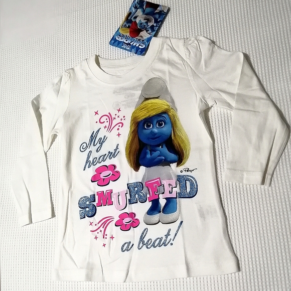 🔥SALE🔥 Smurfs Smurfette "My Heart Smurfed A Beat" Girls Tee NWT Sizes 4, 6, 6X - Picture 1 of 5